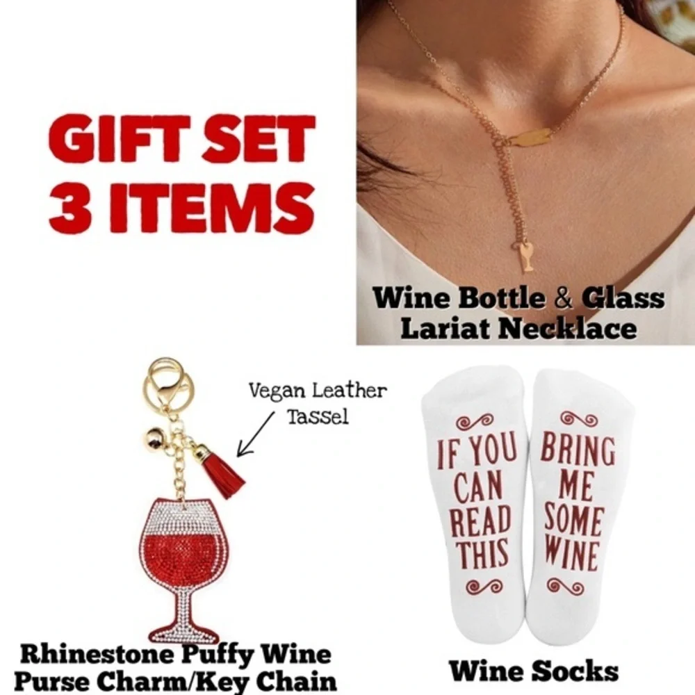Rhinestone Wine Purse Charm Keychain, Gold Lariat Wine Necklace, Wine Socks &